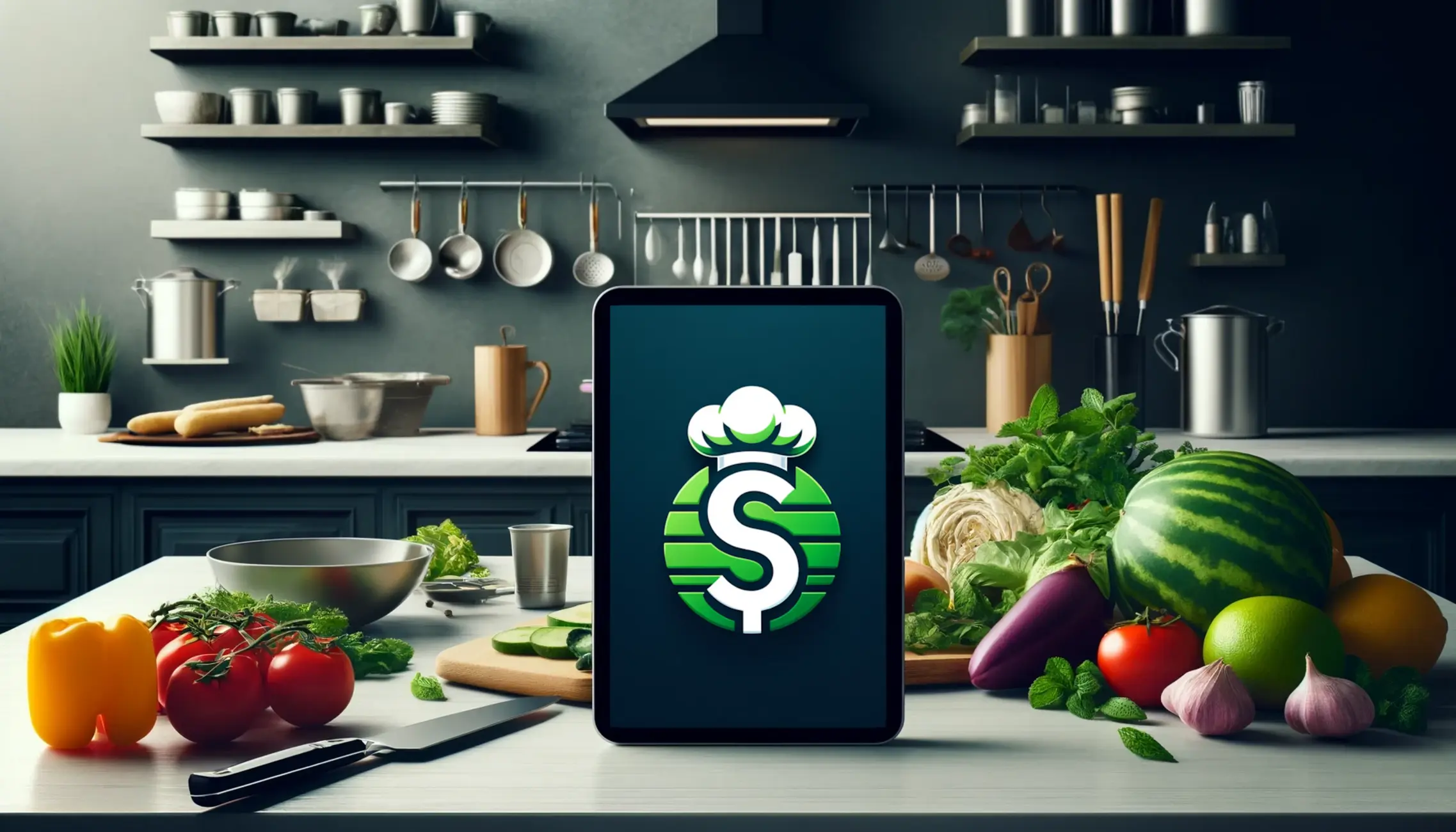 Cuisine moderne avec une tablette numérique élégante sur le comptoir affichant un écran vide, entourée d'ingrédients frais et d'outils culinaires.