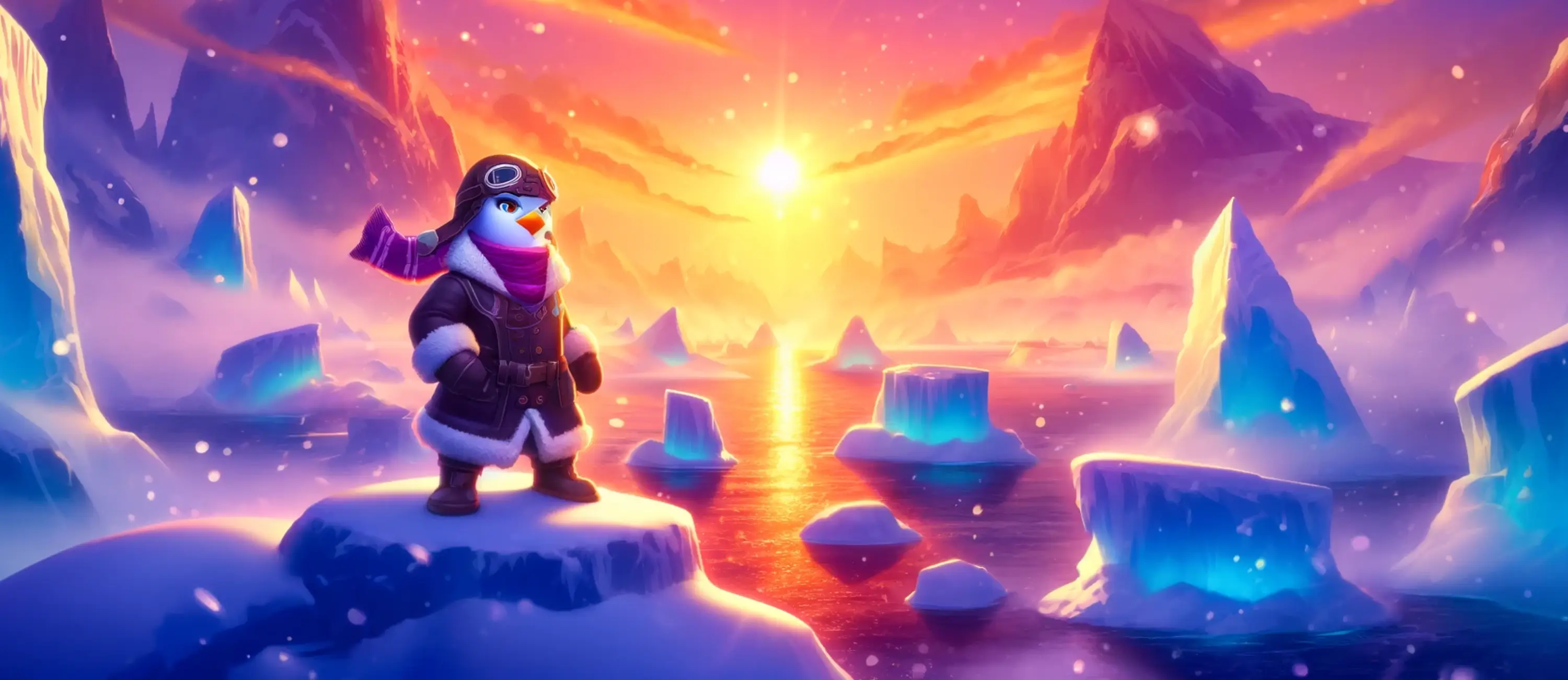 Paysage arctique vibrant sur fond de coucher de soleil pour le jeu Penguin Avenger